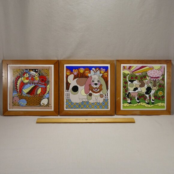 3 Vintage Gailstyn Sutton Whimsical Kitchen 6" Tile Trivets Cow Dog Chicken - Picture 13 of 13